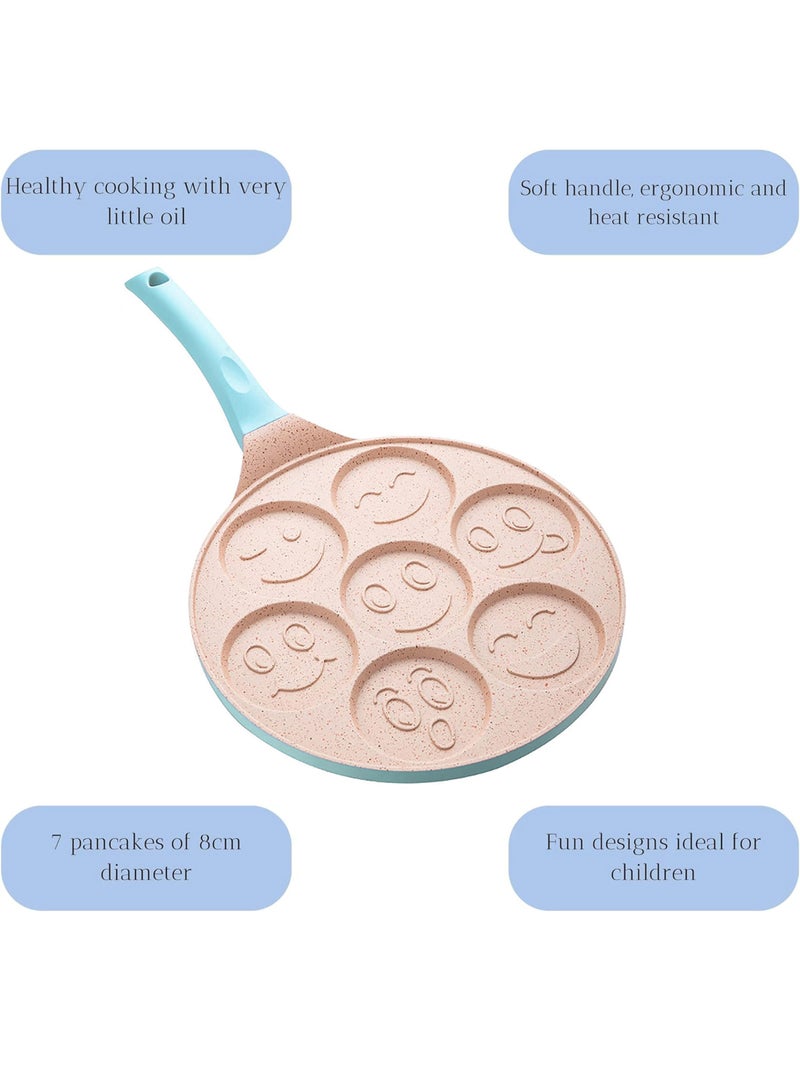 Uwals Nonstick Pancake Pan, 7 Smiley Face Pancake Griddle, Soft Touch Handle Fun Breakfast for Kids, 10.2 in Crepe Pan for Gas Stoves (Blue Color) - Image 3