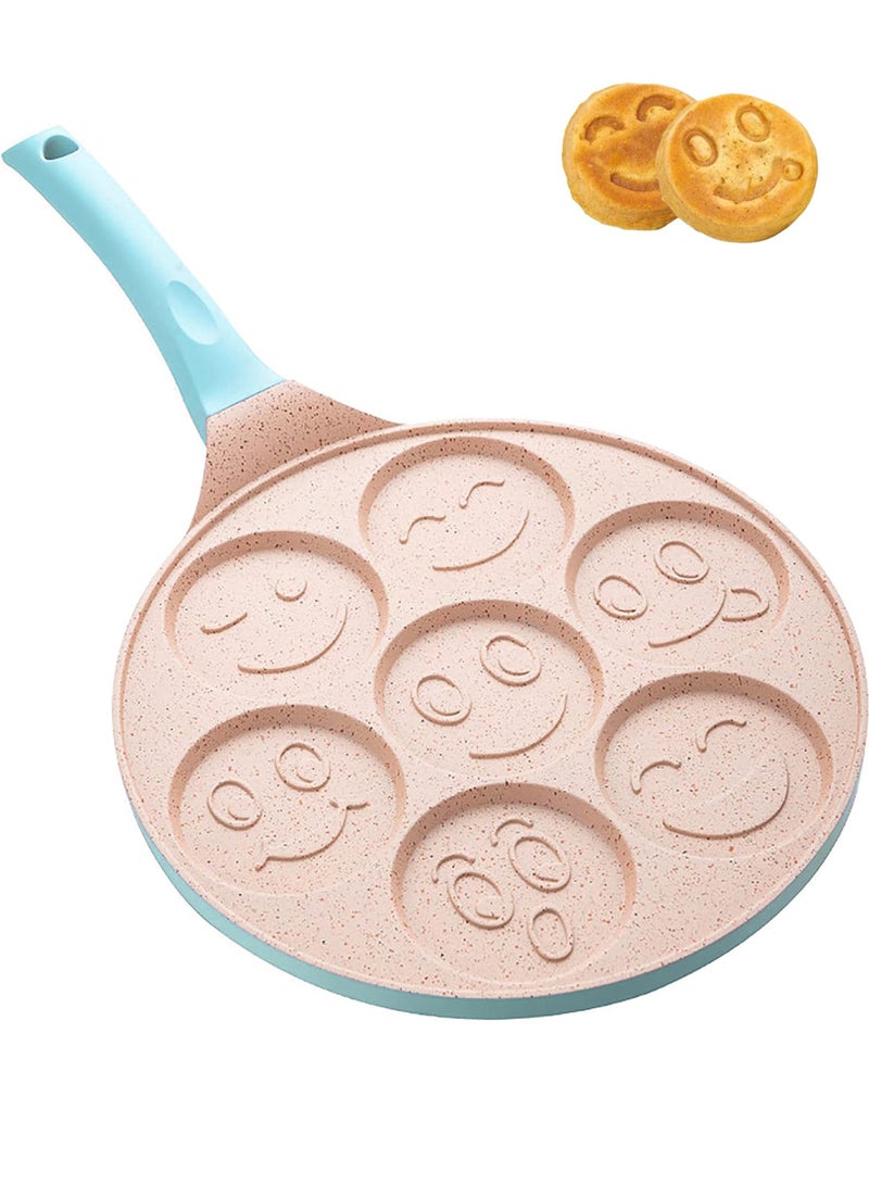 Uwals Nonstick Pancake Pan, 7 Smiley Face Pancake Griddle, Soft Touch Handle Fun Breakfast for Kids, 10.2 in Crepe Pan for Gas Stoves (Blue Color) - Image 1