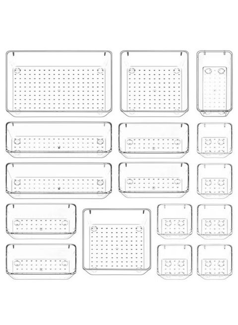 16 Pcs Desk Drawer Organizers Trays Set Clear Plastic Storage Bins Bathroom Drawer Tray Dividers Vanity Trays Organizer for Bedroom Dresser Makeup Kitchen Utensil Office