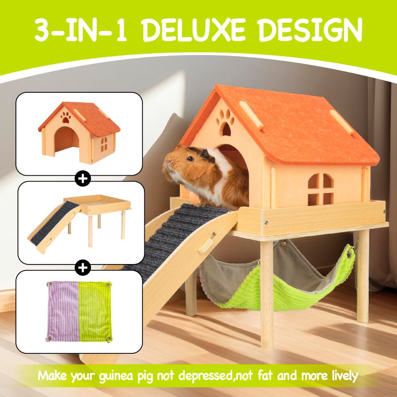 BESNEW 3 in 1 Enlarged Guinea Pig Hammock,Wooden Guinea Pig Hideout with House & Platform & Stairs Small Animal Toys for Hiding Sleeping Activities - Image 2