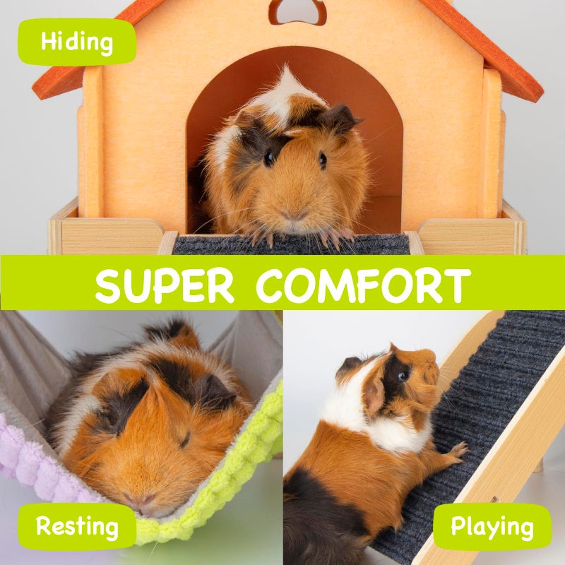 BESNEW 3 in 1 Enlarged Guinea Pig Hammock,Wooden Guinea Pig Hideout with House & Platform & Stairs Small Animal Toys for Hiding Sleeping Activities - Image 3