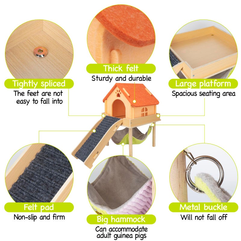 BESNEW 3 in 1 Enlarged Guinea Pig Hammock,Wooden Guinea Pig Hideout with House & Platform & Stairs Small Animal Toys for Hiding Sleeping Activities - Image 5
