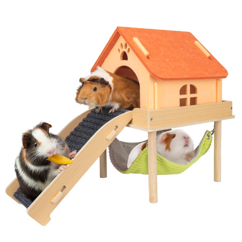 BESNEW 3 in 1 Enlarged Guinea Pig Hammock,Wooden Guinea Pig Hideout with House & Platform & Stairs Small Animal Toys for Hiding Sleeping Activities - Image 1