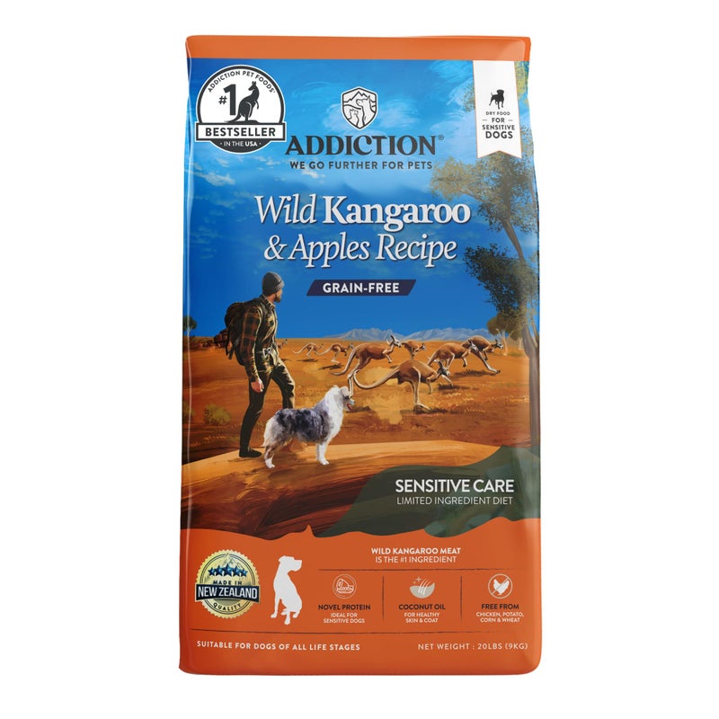 Addiction Wild Kangaroo Apples Dry Dog Food Limited Ingredient Novel Protein for Dogs with Allergies GrainFree Support Muscle Development Manage Weight Made in New Zealand 20lb