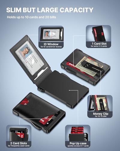 typecase Tactical Wallet for Men Card Holder: Pop Up Card Case, Genuine Leather, Smart, RFID Blocking, Slim, Minimalist, Thin, Front Pocket - 9-13 Card Capacitiy, ID Window, Money Clip (Black) - Image 2