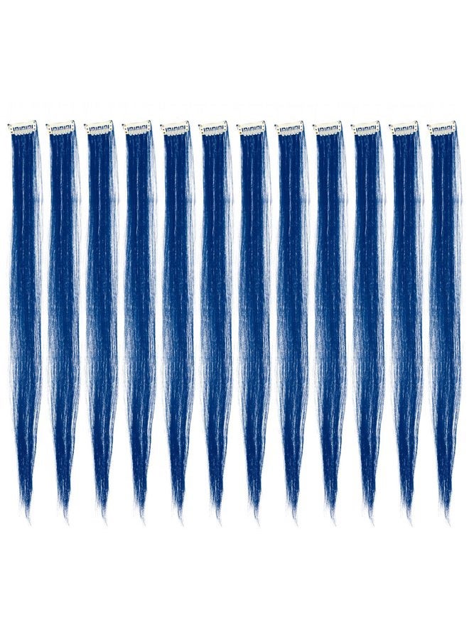 SWACC 12 Pcs Straight One Color Party Highlights Clip on in Hair Extensions Colored Hair Streak Synthetic Hairpieces (Blue) - Image 1