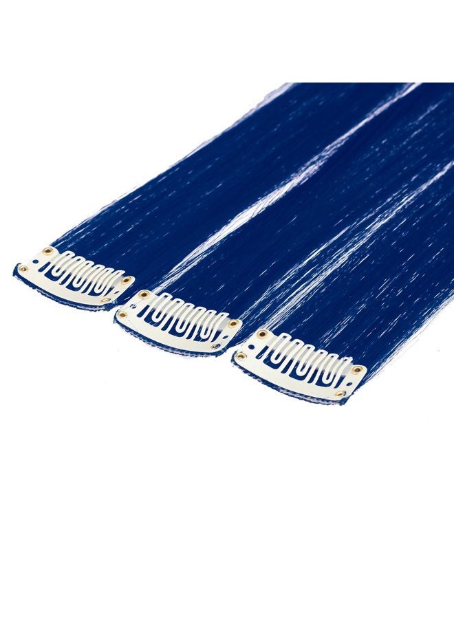SWACC 12 Pcs Straight One Color Party Highlights Clip on in Hair Extensions Colored Hair Streak Synthetic Hairpieces (Blue) - Image 2