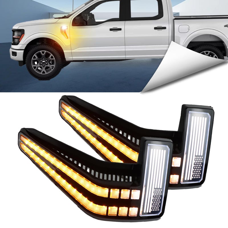 BINQIGOO LED Front Fender Side Marker Lamp Fit For Ford F150 F150 2020 2021 2022 2023 Amber Sequential Turn Signal White Daytime Running Light Fog Lamp