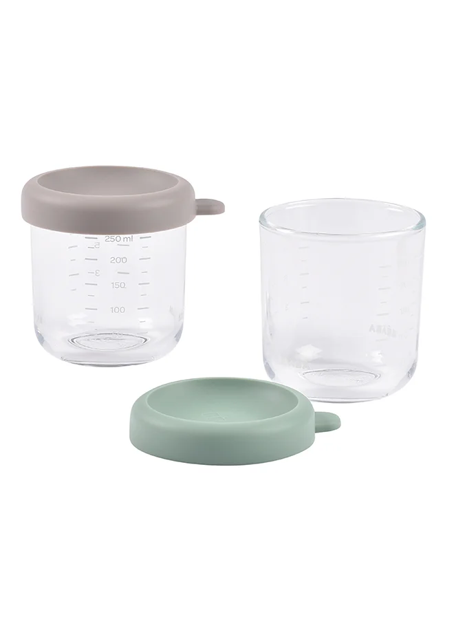 BEABA Set Of 2 Glass Baby Food Storage Jars, Sage Green And Gazelle, 250 ML