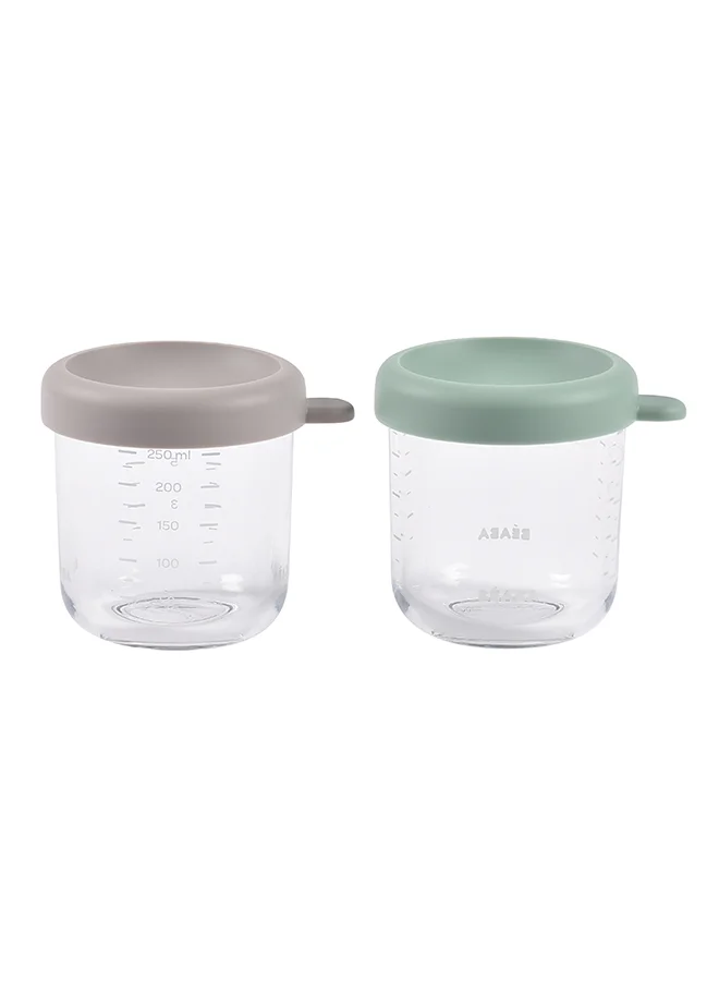 BEABA Set Of 2 Glass Baby Food Storage Jars, Sage Green And Gazelle, 250 ML