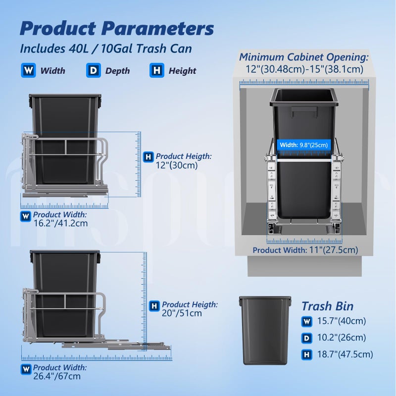 Insputer Pull Out Trash Can Under Cabinet with Tiltable 10Â° & 10 Gal Garbage bin, Under Sink Trash Can Kit for Kitchen, Easy to Take Out Bin, Requires Minimum Cabinets Opening 12" W X 18" D - Image 4