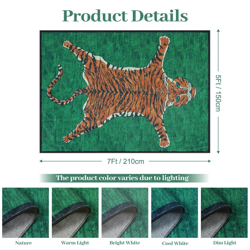 Seavish Tiger Rug 5x7 Area Rugs for Living Room Low Pile Thin Animal Print Green Rugs for Bedroom Aesthetic Washable Accent Rugs for Entryway Soft Floor Carpet for Dorm Office Modern Room Decor - Image 3