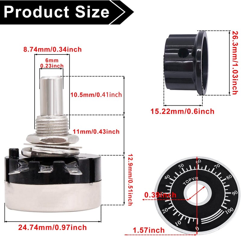 Taiss 2pcs RV24YN20S 1K Potentiometer Single Turn Carbon Film Rotary Taper Potentiometer Used for Inverter speed regulation. Motor speed control + 2pcs A03 knob + 2pcs dials (B102 1K ohm) - Image 3