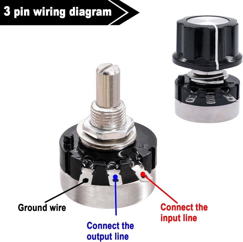 Taiss 2pcs RV24YN20S 1K Potentiometer Single Turn Carbon Film Rotary Taper Potentiometer Used for Inverter speed regulation. Motor speed control + 2pcs A03 knob + 2pcs dials (B102 1K ohm) - Image 4