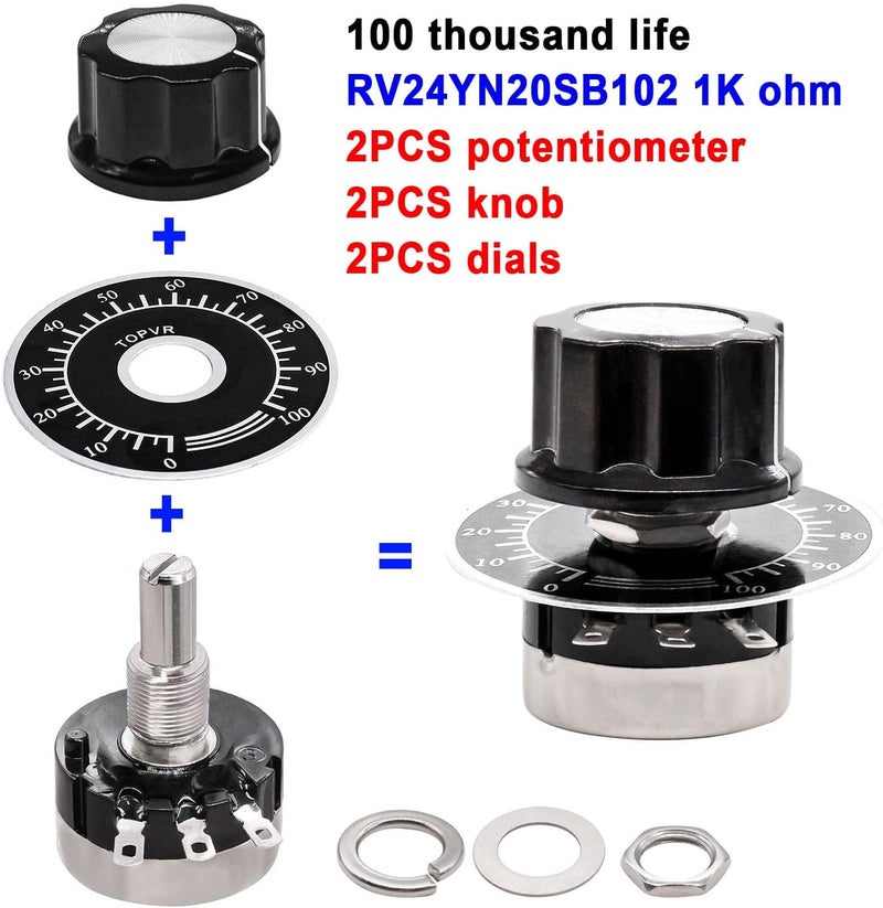 Taiss 2pcs RV24YN20S 1K Potentiometer Single Turn Carbon Film Rotary Taper Potentiometer Used for Inverter speed regulation. Motor speed control + 2pcs A03 knob + 2pcs dials (B102 1K ohm) - Image 2
