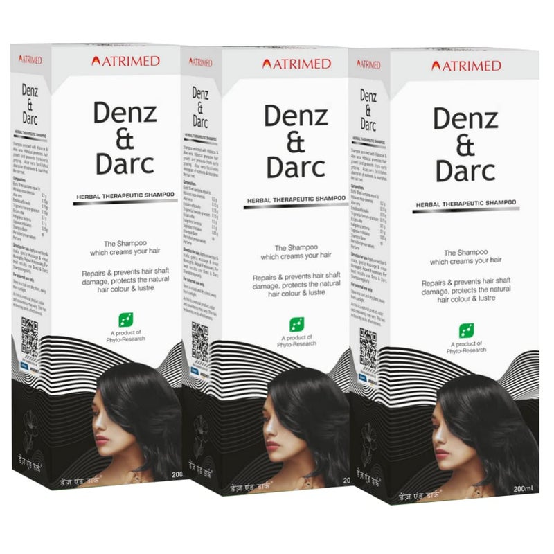 Atrimed Denz  Darc Herbal Therapeutic Shampoo  Protects The Natural Hair Colour and Lusture  Enriched with Hibiscus and Aloe vera  600ml  Pack of 3 - Image 1