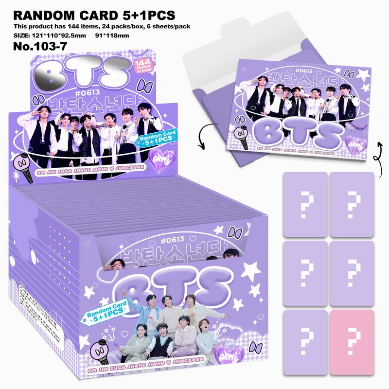 BTS KPOP Random Card Pack 5+1PCS – LOMO Photo Cards with Envelopes,91x118mm, 144 Items per Box (24 Packs, 6 Sheets/Pack)