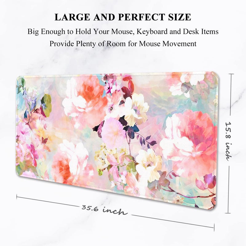 Auhoahsil Desk Pad, XXL Large Mouse Extended Gaming Mousepad, Cute Mat for Women, Big Office Accessories Pad Computer Keyboard and Laptop, 35.5 x 15.7 Inch, Pretty Pink Flowers, Girly Flowers - Image 2