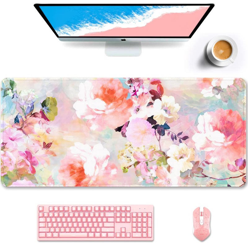 Auhoahsil Desk Pad, XXL Large Mouse Extended Gaming Mousepad, Cute Mat for Women, Big Office Accessories Pad Computer Keyboard and Laptop, 35.5 x 15.7 Inch, Pretty Pink Flowers, Girly Flowers - Image 1