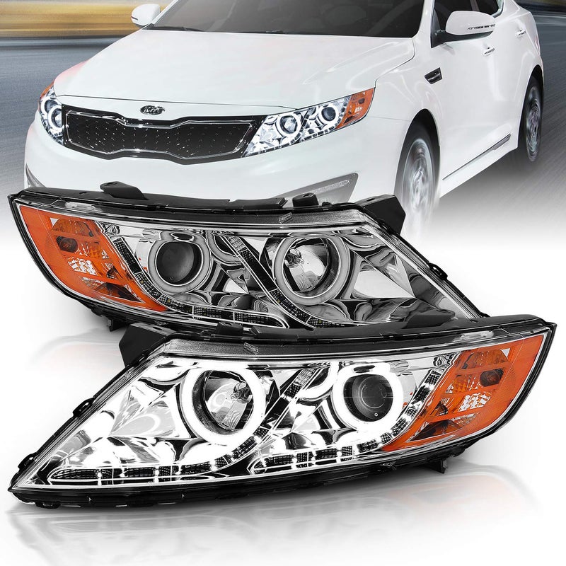 AmeriLite for 20112015 Kia Optima Halogen Model Xtreme LED Halo Rings Projector Chrome Replacement Headlights Set Driver and Passenger Side