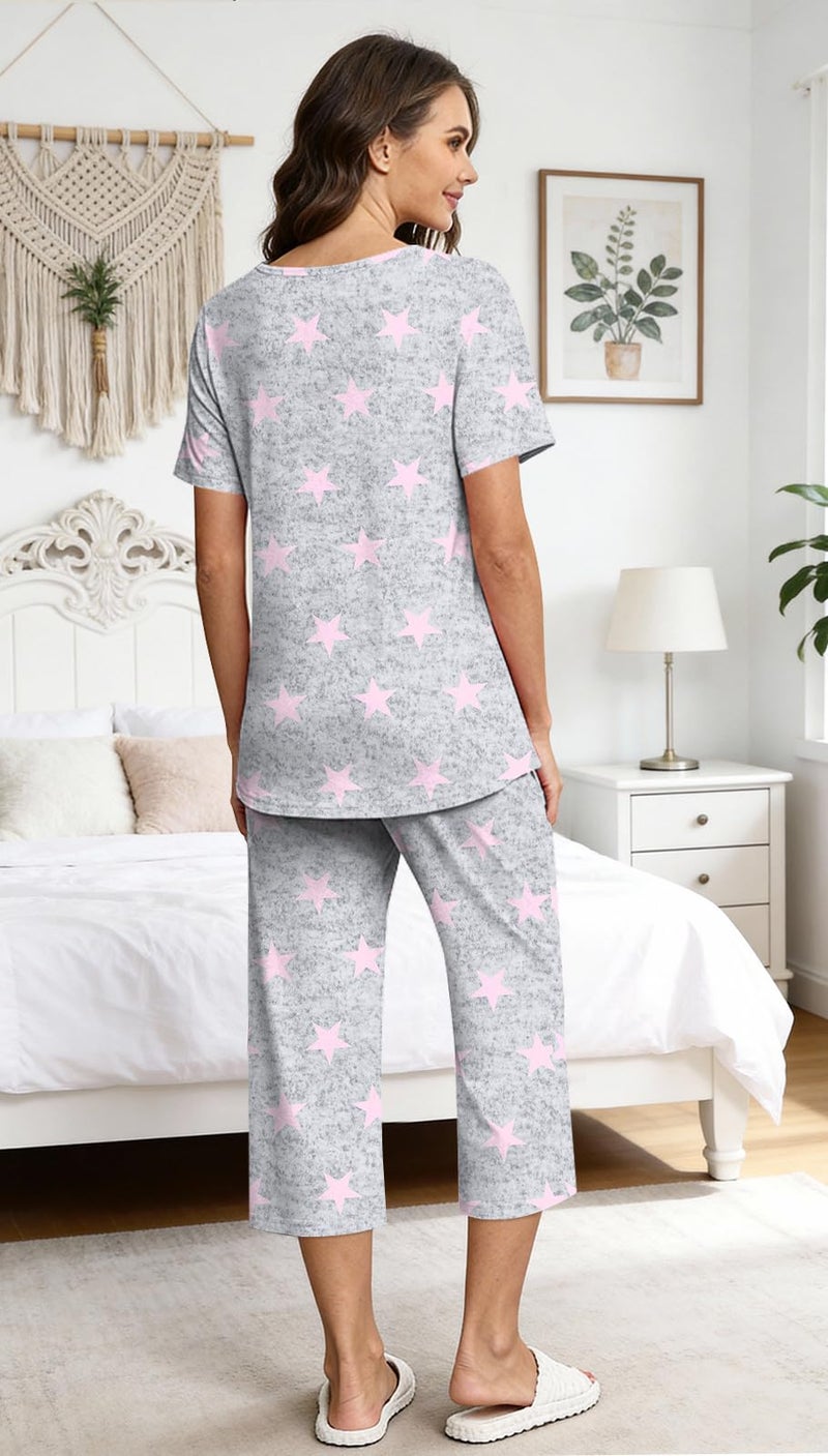 Anyally Women's Pajama Set Short Sleeve Top and Sleepwear Pants 2 Piece Lounge Sets Summer Ladies Pjs Sets with Pockets, L Star Grey - Image 5