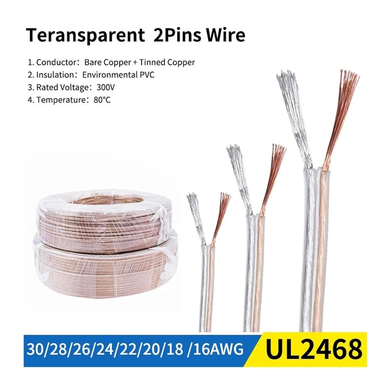 Wire,Electronic Wire, Electrical Wire 2 Pins Transparent Cable 30 28 26 24 22 20 18 16 AWG UL2468 Clear PVC LED Strip Audio Extension Cord(20M-16AWG) - Image 2