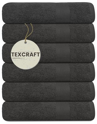 Texcraft Medium Size Bath Towels Set of 6 – 100% Cotton Terry – 24" x 48" – Quick Dry, Soft & Highly Absorbent – Grey Towels for Bathroom, Gym, Spa, Pool & Daily Use - Image 1
