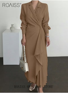 roaiss Ladies Tunic Dress Solid Color Formal Elegant Asymmetrical Pleated Design High Waiste Dress Vintage V-Neck Lapel Long Suit Ankle Length Dress for Women Casual Ramadan Brown  - Image 4