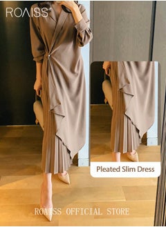 roaiss Ladies Tunic Dress Solid Color Formal Elegant Asymmetrical Pleated Design High Waiste Dress Vintage V-Neck Lapel Long Suit Ankle Length Dress for Women Casual Ramadan Brown  - Image 2