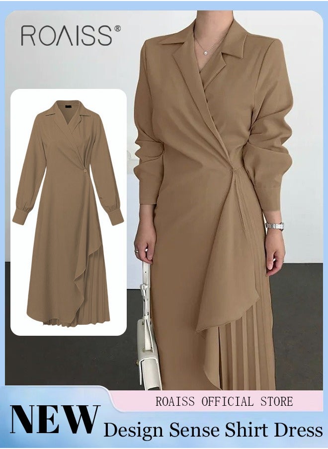 roaiss Ladies Tunic Dress Solid Color Formal Elegant Asymmetrical Pleated Design High Waiste Dress Vintage V-Neck Lapel Long Suit Ankle Length Dress for Women Casual Ramadan Brown  - Image 1