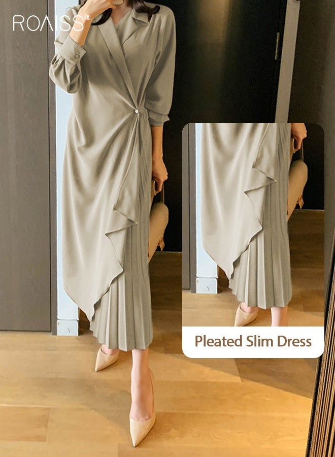 roaiss Ladies Tunic Dress Solid Color Formal Elegant Asymmetrical Pleated Design High Waiste Dress Vintage V-Neck Lapel Long Suit Ankle Length Dress for Women Casual Ramadan Brown - Image 2