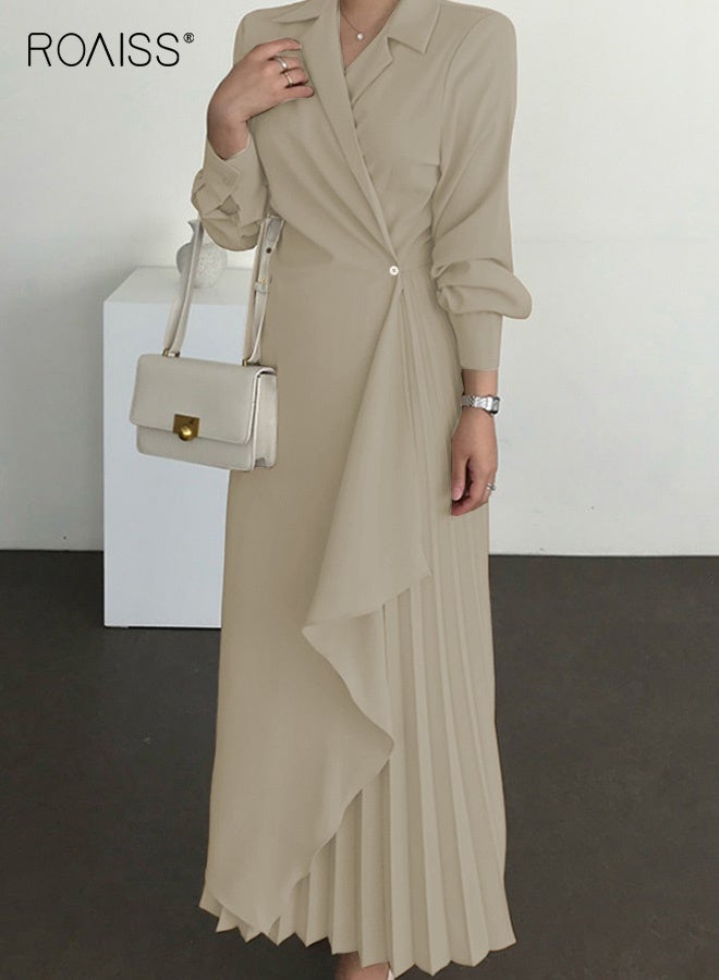 roaiss Ladies Tunic Dress Solid Color Formal Elegant Asymmetrical Pleated Design High Waiste Dress Vintage V-Neck Lapel Long Suit Ankle Length Dress for Women Casual Ramadan Brown - Image 4