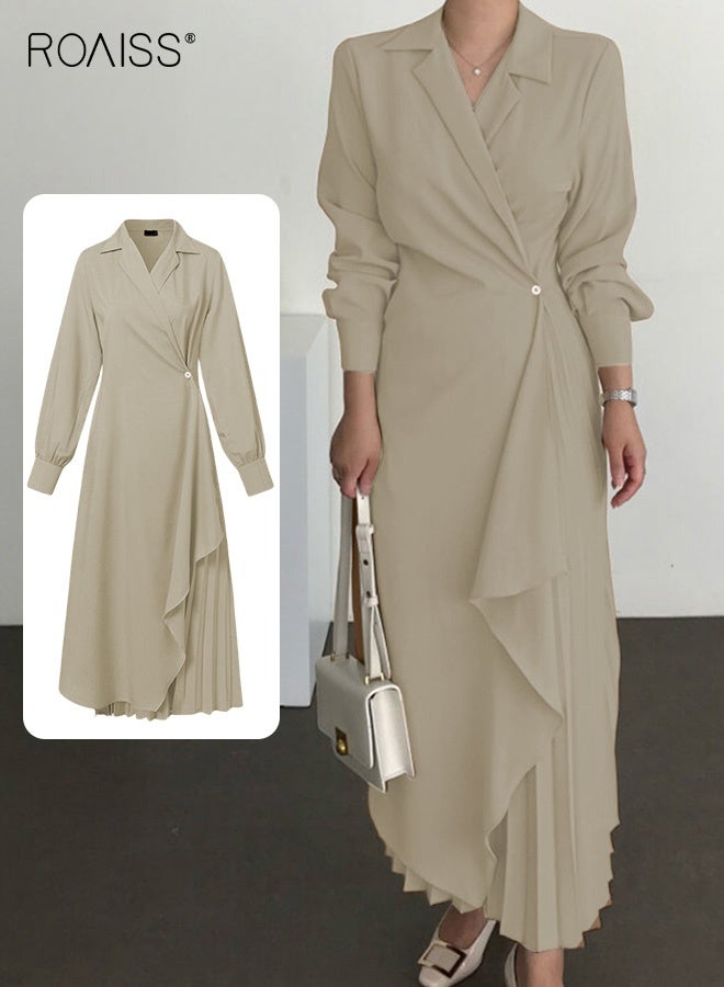 roaiss Ladies Tunic Dress Solid Color Formal Elegant Asymmetrical Pleated Design High Waiste Dress Vintage V-Neck Lapel Long Suit Ankle Length Dress for Women Casual Ramadan Brown - Image 1