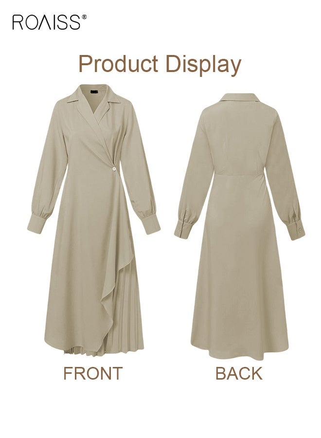 roaiss Ladies Tunic Dress Solid Color Formal Elegant Asymmetrical Pleated Design High Waiste Dress Vintage V-Neck Lapel Long Suit Ankle Length Dress for Women Casual Ramadan Brown - Image 3