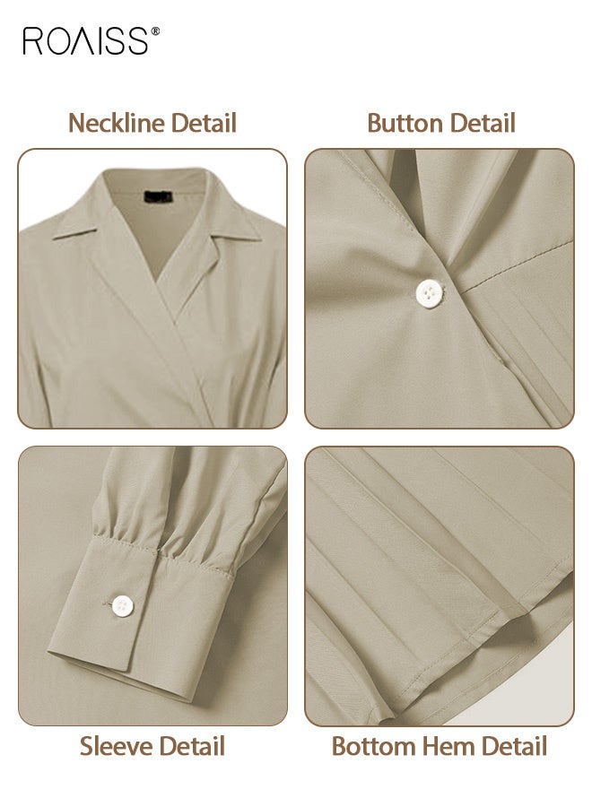 roaiss Ladies Tunic Dress Solid Color Formal Elegant Asymmetrical Pleated Design High Waiste Dress Vintage V-Neck Lapel Long Suit Ankle Length Dress for Women Casual Ramadan Brown - Image 5