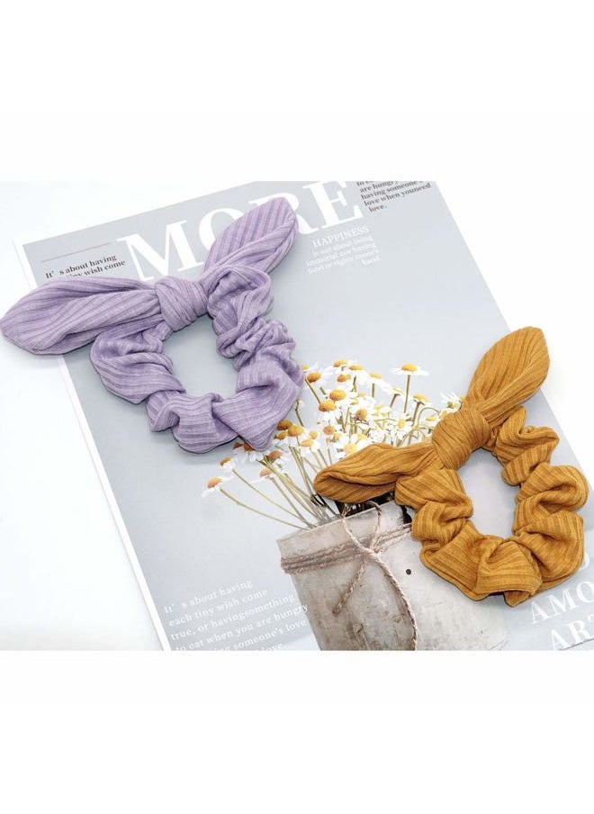Funlovin - Bunny Ear Scrunchies Cotton Bow Hair Scrunchie Cute Knotted Bowknot Ribbon Ties Elastic Scrunchy Bands Ponytail Holder for Women, Girls (Black, White, Grey, Purple, Yellow, Dark Green) - Image 1