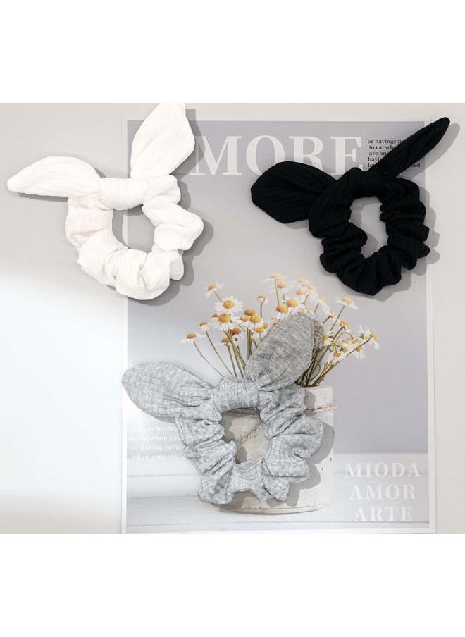 Funlovin - Bunny Ear Scrunchies Cotton Bow Hair Scrunchie Cute Knotted Bowknot Ribbon Ties Elastic Scrunchy Bands Ponytail Holder for Women, Girls (Black, White, Grey, Purple, Yellow, Dark Green) - Image 1