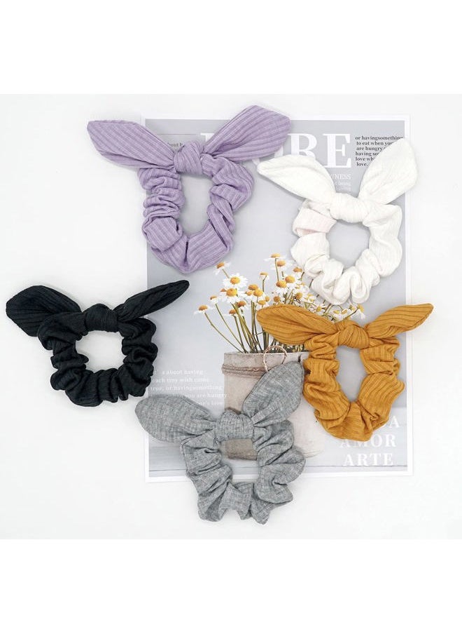 Funlovin - Bunny Ear Scrunchies Cotton Bow Hair Scrunchie Cute Knotted Bowknot Ribbon Ties Elastic Scrunchy Bands Ponytail Holder for Women, Girls (Black, White, Grey, Purple, Yellow, Dark Green) - Image 1