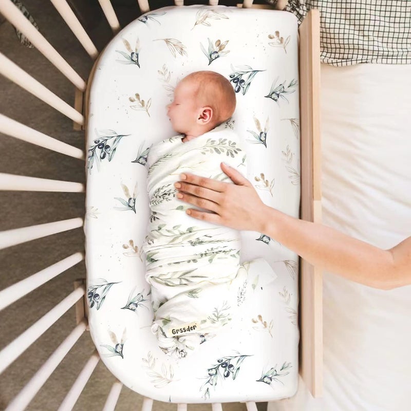 GRSSDER Stretchy Ultra Soft Fitted Bassinet Sheets Set 2 Pack, Cradle Sheet Universal Fit for Rectangle, Oval or Hourglass Bassinet Pad/Mattress Safe and Snug, Stylish Watercolor Flora and Olive - Image 4