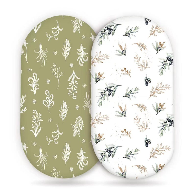 GRSSDER Stretchy Ultra Soft Fitted Bassinet Sheets Set 2 Pack, Cradle Sheet Universal Fit for Rectangle, Oval or Hourglass Bassinet Pad/Mattress Safe and Snug, Stylish Watercolor Flora and Olive - Image 1