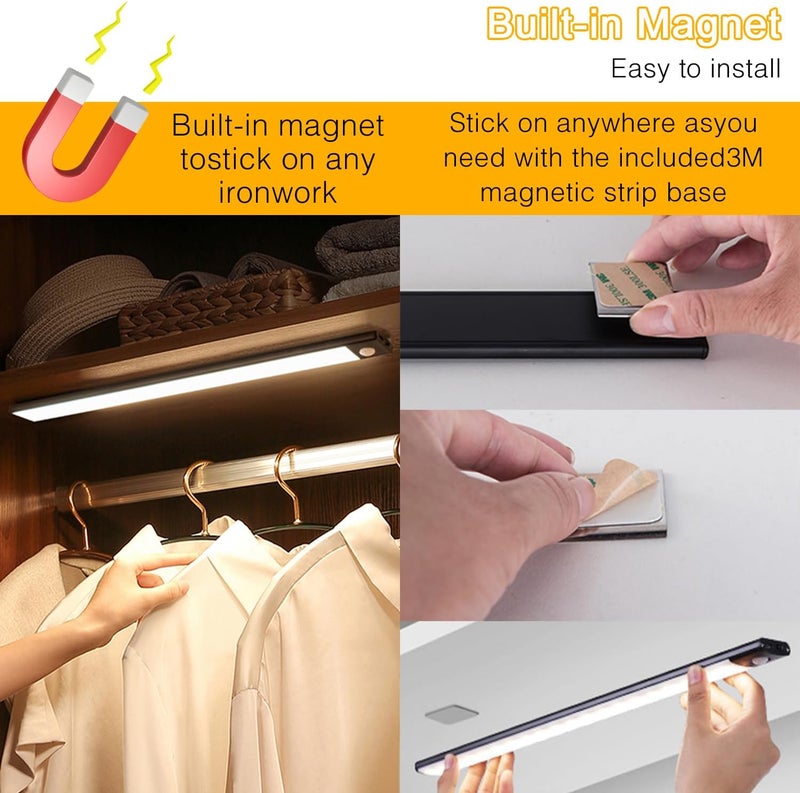 Easy hand assemble compatible Motion Sensor Closet Lights, Yakiter 3-Color Dimming LED Rechargeable Under Cabinet Night Light, Slim Magnetic Closet Light, Wireless Light for Kitchen, Staircase, Wardrobe, Study Light （2 Pack Black） Odor free color - Image 5