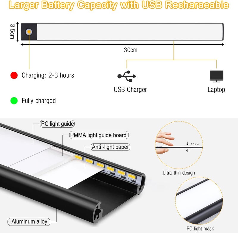Easy hand assemble compatible Motion Sensor Closet Lights, Yakiter 3-Color Dimming LED Rechargeable Under Cabinet Night Light, Slim Magnetic Closet Light, Wireless Light for Kitchen, Staircase, Wardrobe, Study Light （2 Pack Black） Odor free color - Image 4