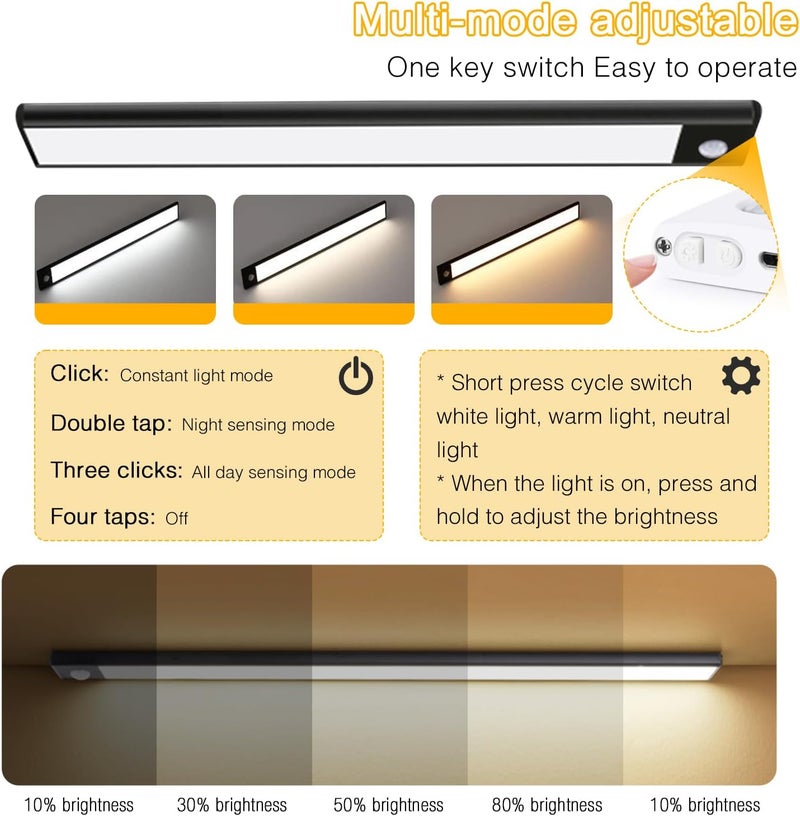 Easy hand assemble compatible Motion Sensor Closet Lights, Yakiter 3-Color Dimming LED Rechargeable Under Cabinet Night Light, Slim Magnetic Closet Light, Wireless Light for Kitchen, Staircase, Wardrobe, Study Light （2 Pack Black） Odor free color - Image 3