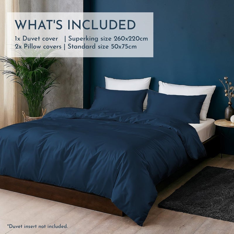 LINENWALAS 100% Natural Bamboo 3-Piece Duvet Cover Set with Zipper and Corner Ties- Softest Cool Bedding Perfect for Skincare (Superking, Navy Blue) - Image 3