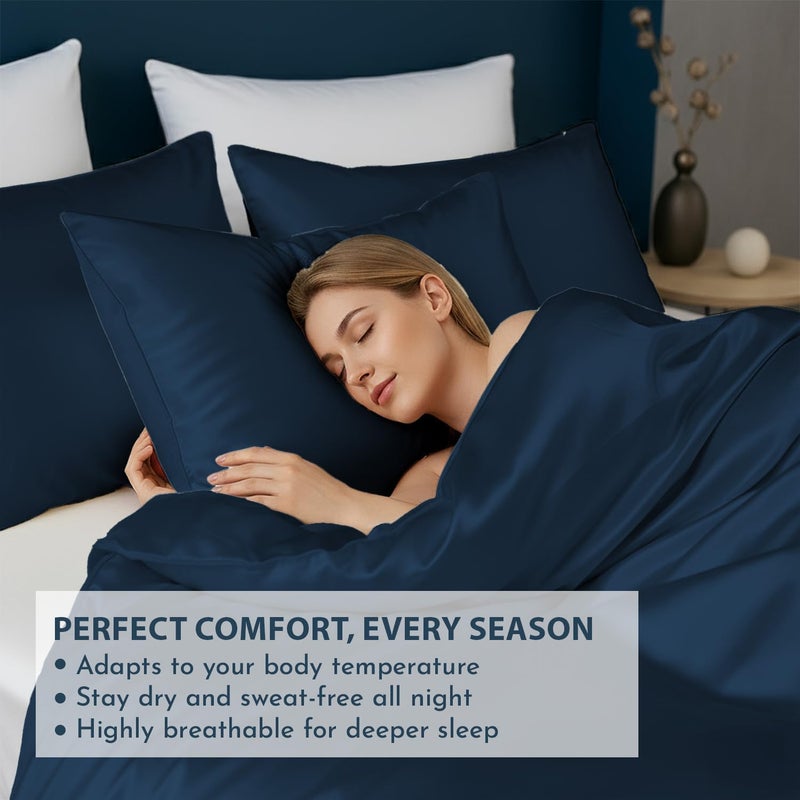 LINENWALAS 100% Natural Bamboo 3-Piece Duvet Cover Set with Zipper and Corner Ties- Softest Cool Bedding Perfect for Skincare (Superking, Navy Blue) - Image 4