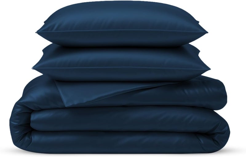 LINENWALAS 100% Natural Bamboo 3-Piece Duvet Cover Set with Zipper and Corner Ties- Softest Cool Bedding Perfect for Skincare (Superking, Navy Blue) - Image 1