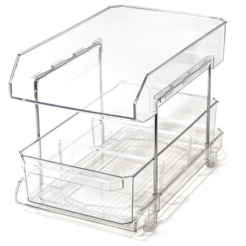 BINO 2 Tier Clear Storage Organizer with Dividers Bottom Slide Out Drawer for Under Sink Medicine Cabinet Bathroom Closet Vanity Pantry Organizer Under Cabinet Storage for Bathroom Kitchen