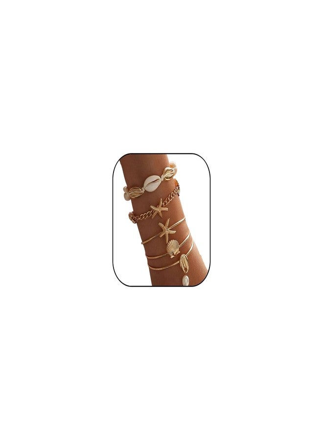 TACBSP Gold Shell Bracelet for Women Boho Starfish Seashell Pearl Stack Bracelets Layered Shell Starfish Bangle Bracelet Summer Beach Jewelry Gifts for Women (Gold A) - Image 1