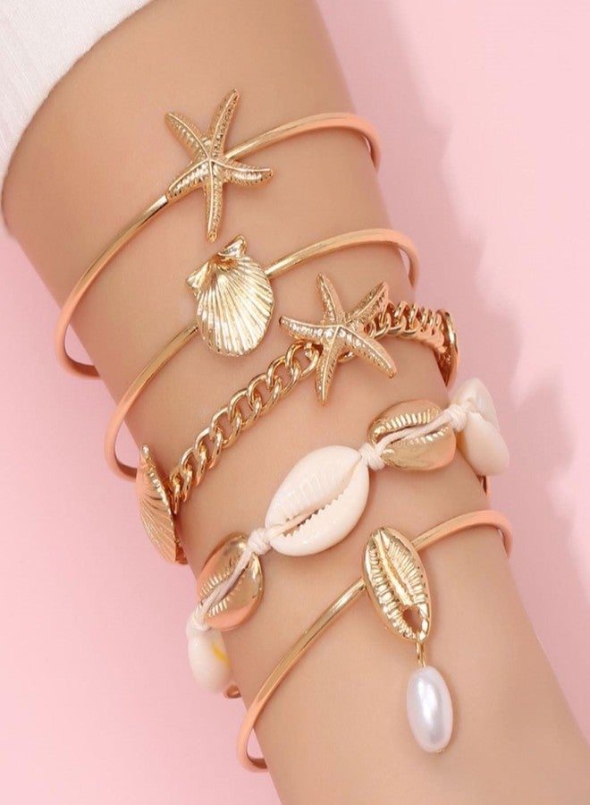 TACBSP Gold Shell Bracelet for Women Boho Starfish Seashell Pearl Stack Bracelets Layered Shell Starfish Bangle Bracelet Summer Beach Jewelry Gifts for Women (Gold A) - Image 2