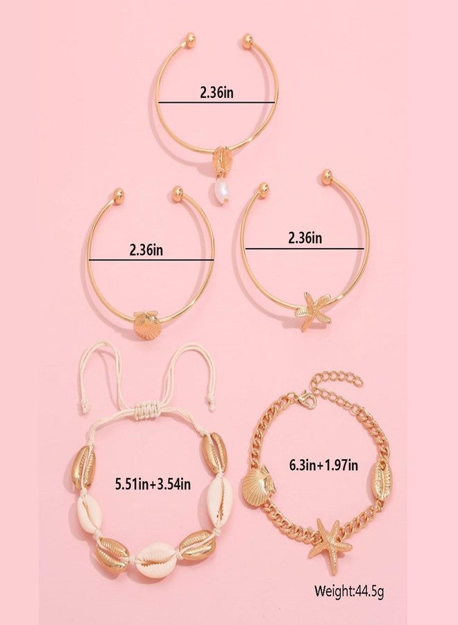 TACBSP Gold Shell Bracelet for Women Boho Starfish Seashell Pearl Stack Bracelets Layered Shell Starfish Bangle Bracelet Summer Beach Jewelry Gifts for Women (Gold A) - Image 4
